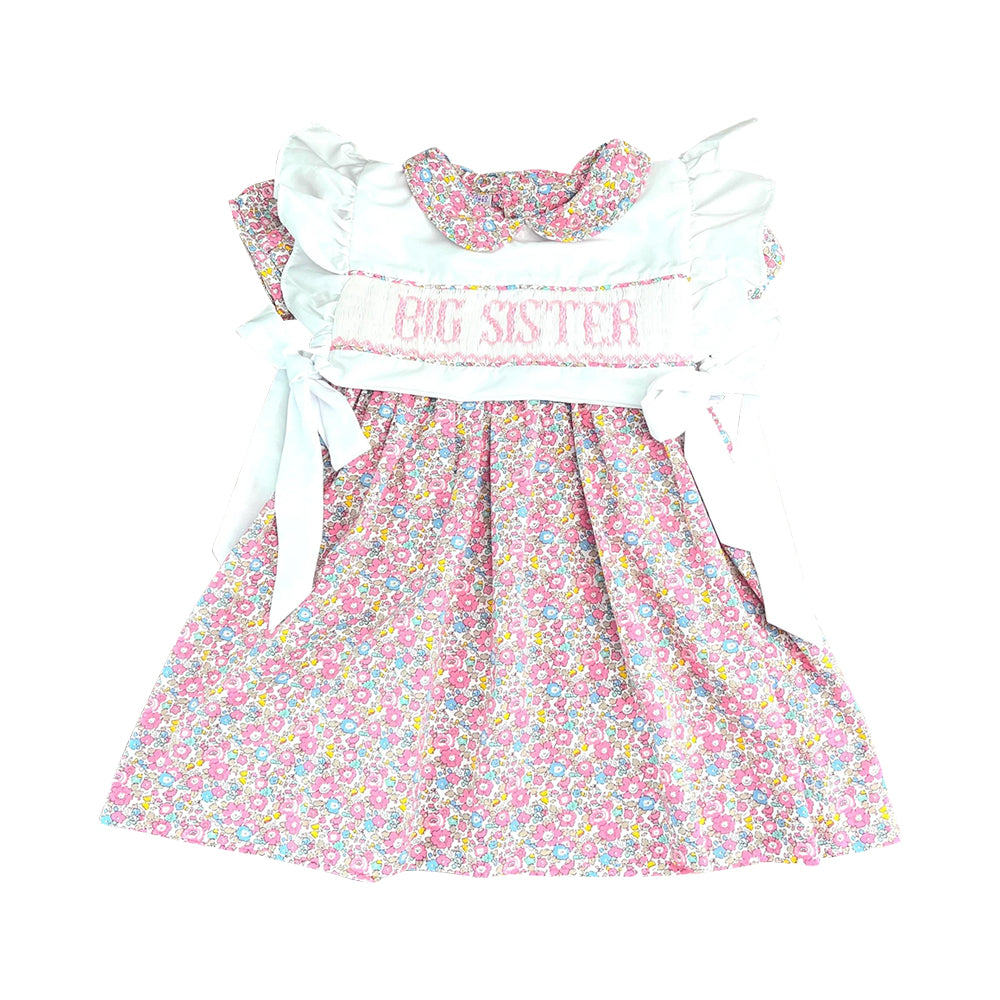 presale GSD2835 Baby Girls Pink Flowers Big Sister Bows Knee Length Dresses  D 924