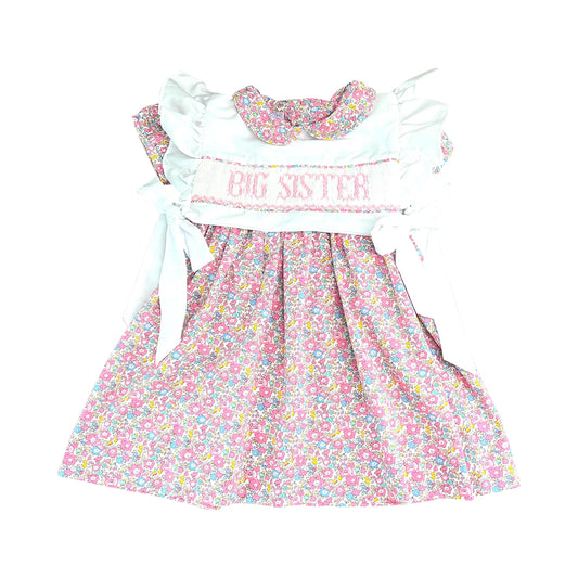 presale GSD2835 Baby Girls Pink Flowers Big Sister Bows Knee Length Dresses D 924