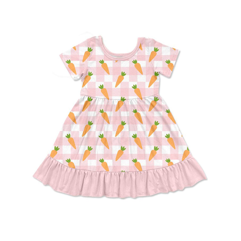presale GSD2850 Baby Girls Pink Checked Carrots Ruffle Easter Knee Length Dresses  D 930