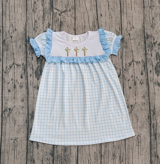 presale GSD2851 Baby Girls Blue Checked Crosses Easter Knee Length Dresses D 930