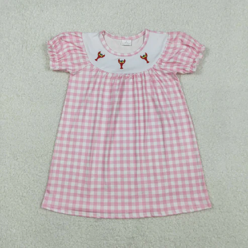 Sibling Baby Boys Girls Embroidery Anchor Crayfishes Mardigras Checked Clothes Set Dress Romper D 1122