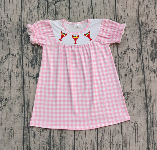 presale GSD2853 Embroidery Crayfishes Baby Girls Pink Checked Knee Length Dresses D 1013