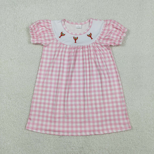 GSD2853 Embroidery Crayfishes Baby Girls Pink Checked Knee Length Dresses D 1013