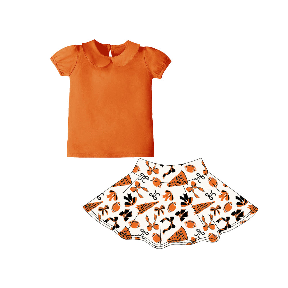 presale GSD2875 Baby Girls Orange Short Ruffle Sleeve Bows Go Team Yoga Clothes Sets  D 1006