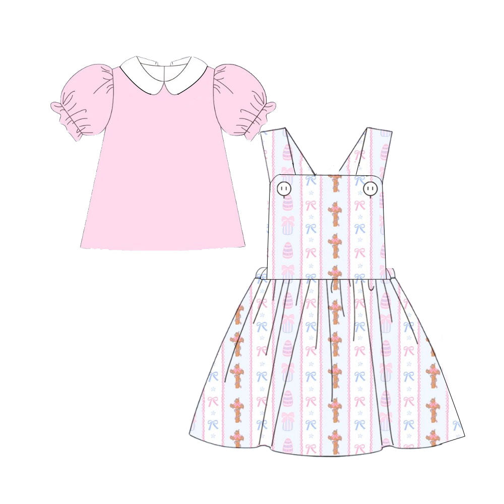 presale GSD2879 Baby Girls Pink Shirts Top Eggs Crosses Knee Length Dress 2 Piece Easter Clothes Sets  D 1006