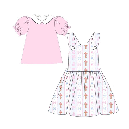 presale GSD2879 Baby Girls Pink Shirts Top Eggs Crosses Knee Length Dress 2 Piece Easter Clothes Sets D 1006