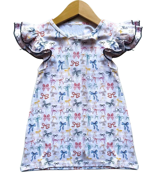 presale GSD2882 Baby Girls Flutter Sleeve Colorful Bows Plaid Knee Length Dresses D 1006