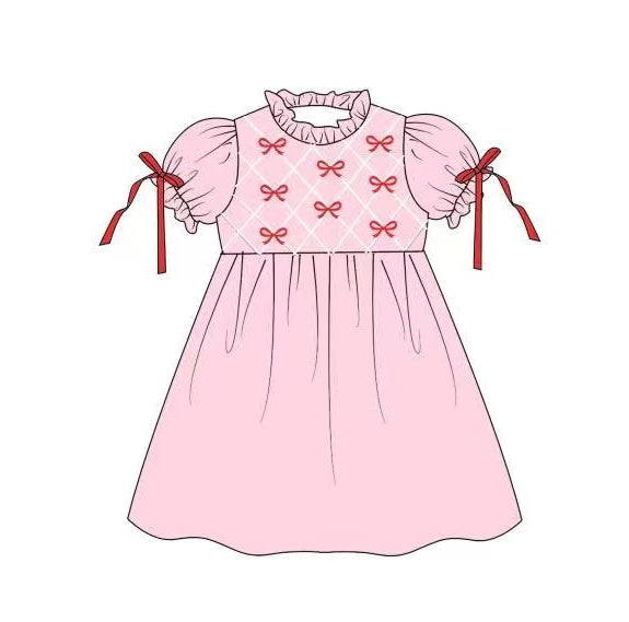 presale GSD2883  Baby Girls Bows Checked Bows Sleeve Valentine Knee Length Dresses  D 1006