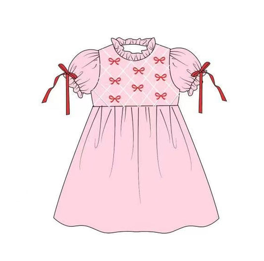 presale GSD2883 Baby Girls Bows Checked Bows Sleeve Valentine Knee Length Dresses D 1006