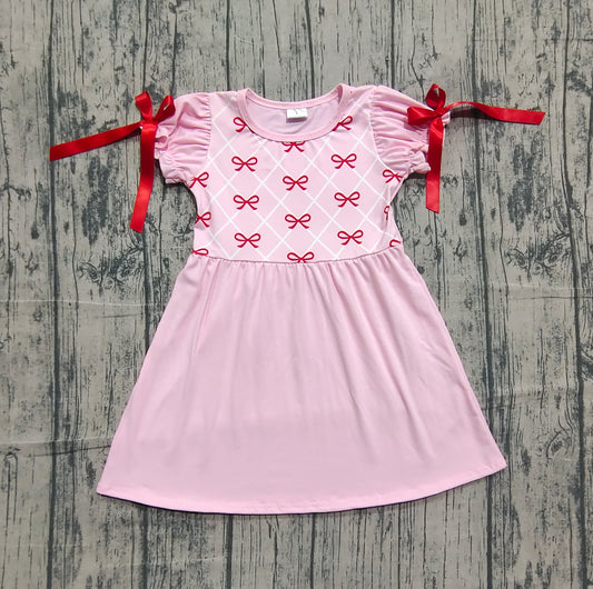presale GSD2883  Baby Girls Bows Checked Bows Sleeve Valentine Knee Length Dresses  D 1006