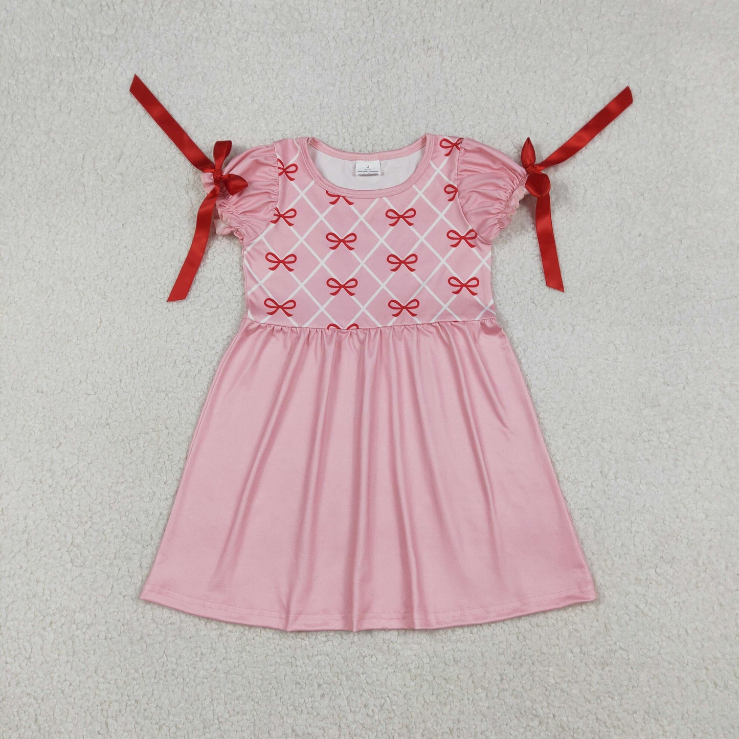Baby Girls Knee-Length Dress Short Sleeve Red Bows Checked Pattern Cute Feminine Fashion for Little Ones