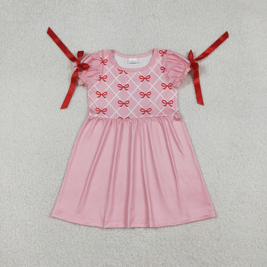 Baby Girls Knee-Length Dress Short Sleeve Red Bows Checked Pattern Cute Feminine Fashion for Little Ones