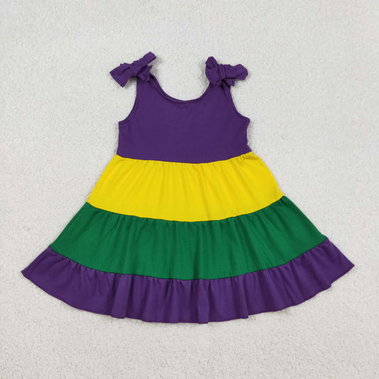 Baby Girls Patchwork Ruffle Knee-Length Dress with Bows Strap Mardi Gras Theme