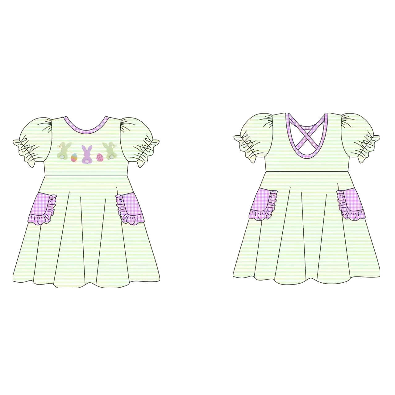 presale GSD2889 Baby Girls Stripe Rabbits Eggs Pockets Easter Knee Length Dresses D 1007