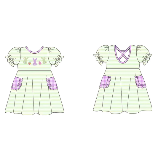 presale GSD2889 Baby Girls Stripe Rabbits Eggs Pockets Easter Knee Length Dresses D 1007