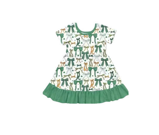 presale GSD2890 Baby Girls Bows Clovers Plaid St Patrick Ruffle Knee Length Dresses  D 1007