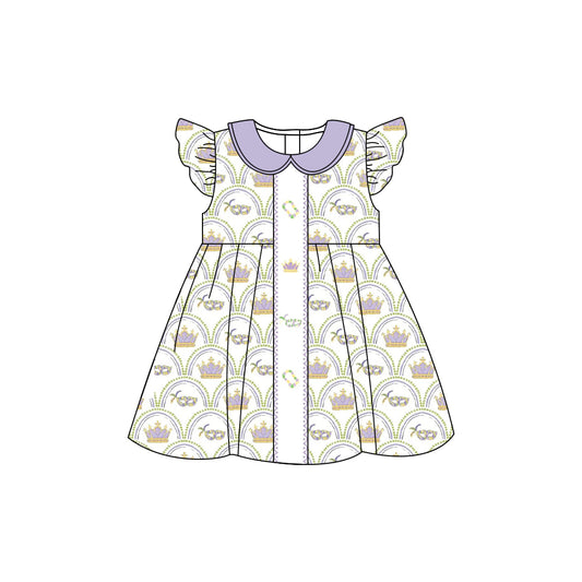 presale GSD2891 Baby Girls Mardigras Crowns Masks Checked Collar Knee Length Dresses D 1008