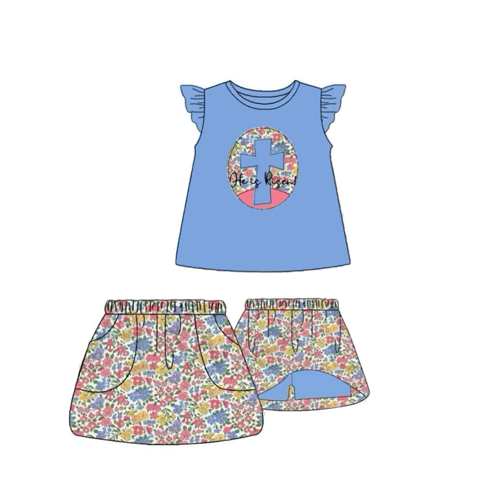presale GSD2892 Baby Girls Blue Floral Cross Tunic Pockets Skirt Shorts Easter Clothes Sets  D 1008