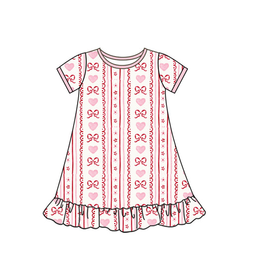 presale GSD2898 Baby Girls Pink Bows Hearst Stripe Valentine Ruffle Knee Length Dresses D 1010