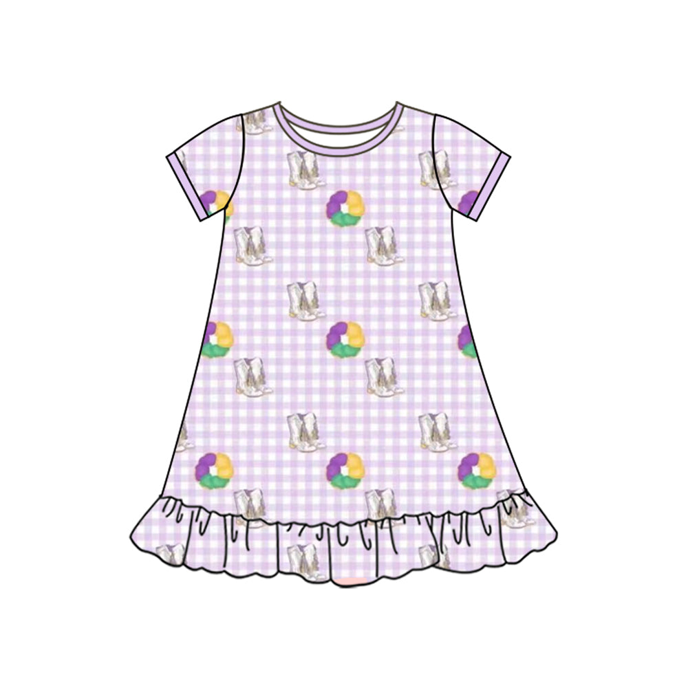 presale GSD2900 Baby Girls Mardigras Boots Donuts Checked Ruffle Knee Length Dresses  D 1010
