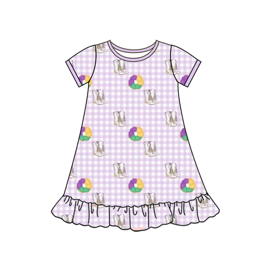 presale GSD2900 Baby Girls Mardigras Boots Donuts Checked Ruffle Knee Length Dresses  D 1010