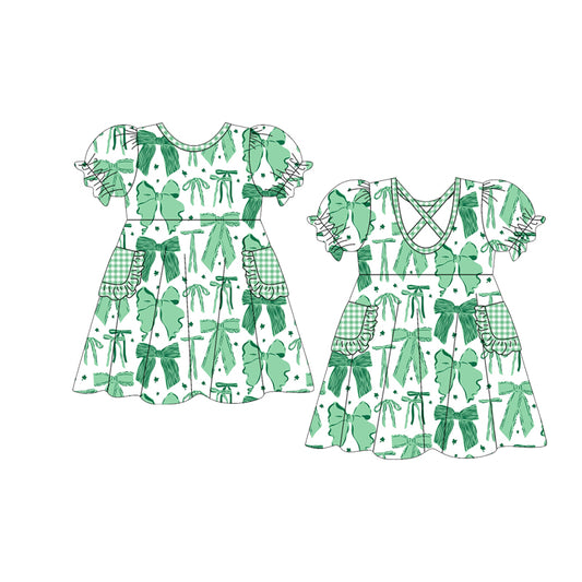 presale GSD2903 Baby Girls Green Clovers Bows St Patrick Pockets Knee Length Dresses D 1010