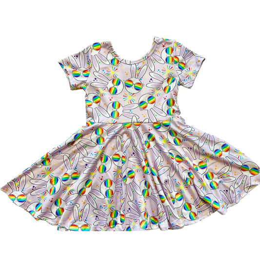 presale GSD2905 Baby Girls Short Sleeve Rabbits Stars Easter Knee Length Dresses D 1010