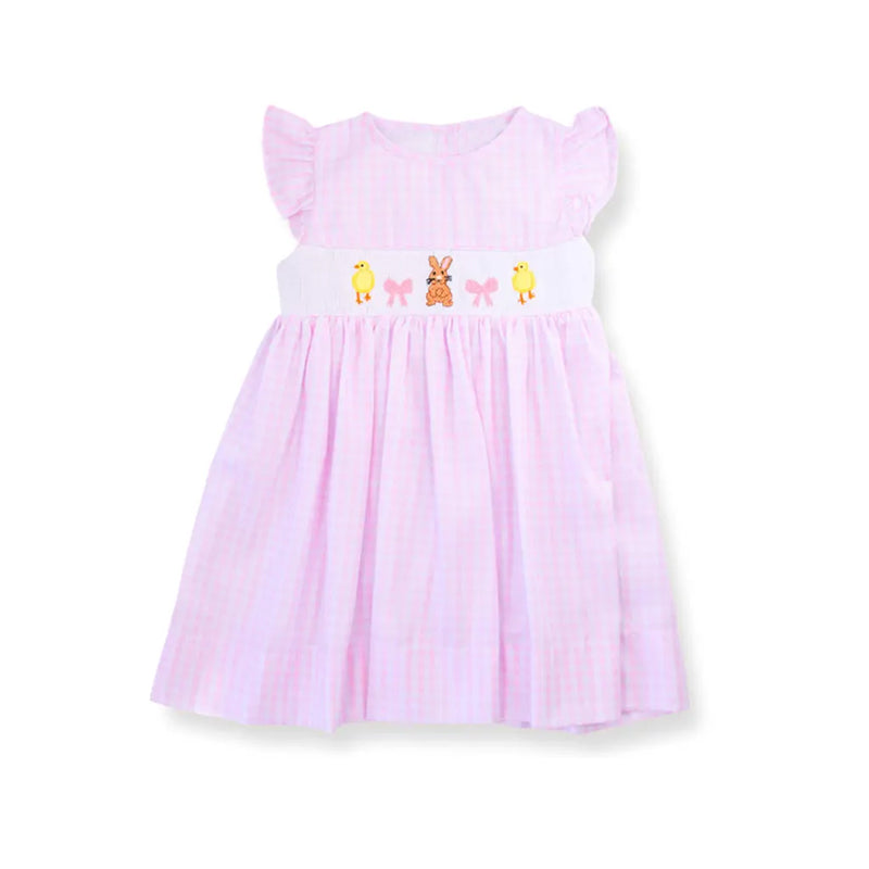 presale GSD2906 Baby Girls Pink Stripe Flutter Sleeve Rabbits Ducks Easter Knee Length Dresses  D 1010