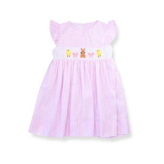 presale GSD2906 Baby Girls Pink Stripe Flutter Sleeve Rabbits Ducks Easter Knee Length Dresses D 1010