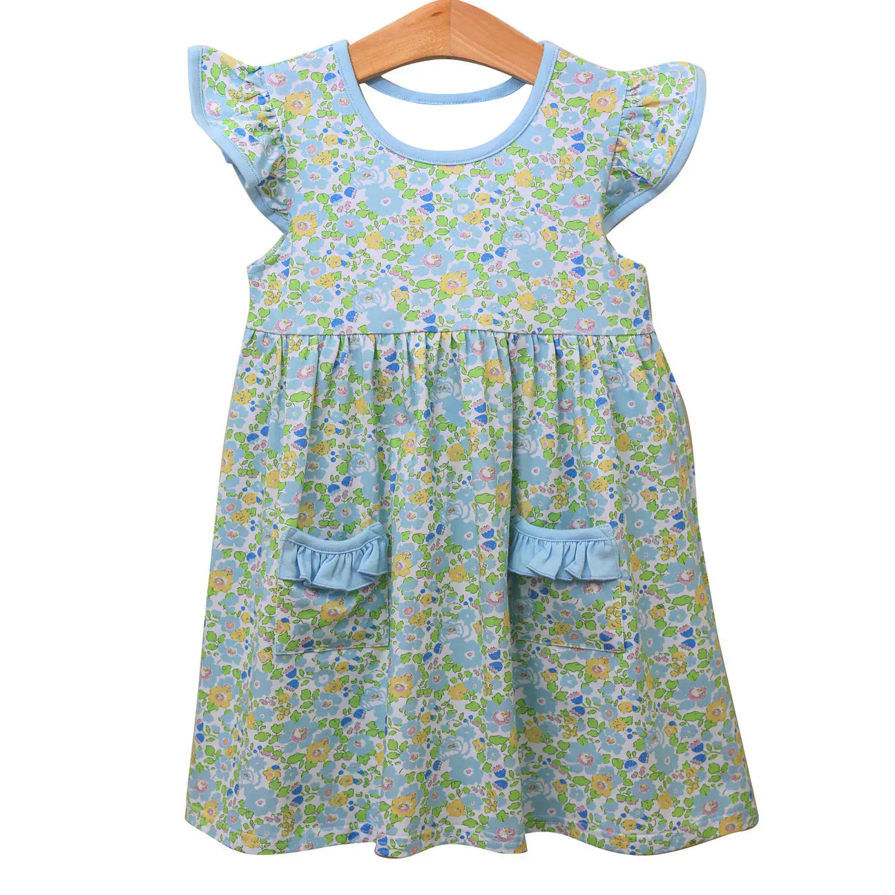 presale GSD2910 Baby Girls Green Flutter Sleeve Floral Pockets Knee Length Dresses D 1015