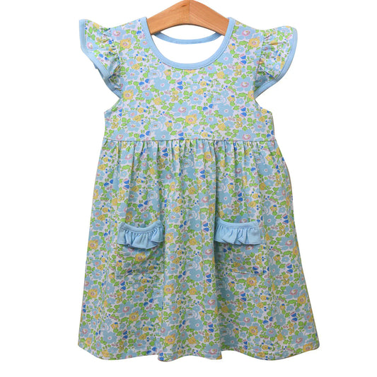 presale GSD2910 Baby Girls Green Flutter Sleeve Floral Pockets Knee Length Dresses D 1015
