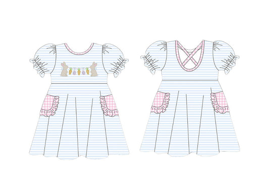 presale GSD2912 Baby Girls Blue Stripe Rabbits Carrots Easter Pockets Knee Length Dresses  D 1015