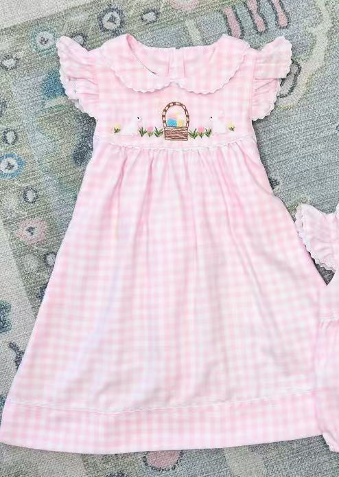 presale GSD2913  Baby Girls Pink Checked Rabbits Eggs Easter Collar Knee Length Dresses D 1015