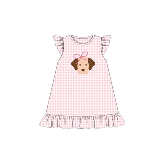 presale GSD2914 Baby Girls Pink Checked Flutter Sleeve Bow Dogs Ruffle Knee Length Dresses D 1015