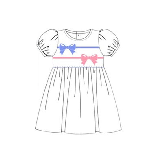 presale GSD2915 Baby Girls Blue Pink Bows Ruffle Sleeve Knee Length Dresses D 1015