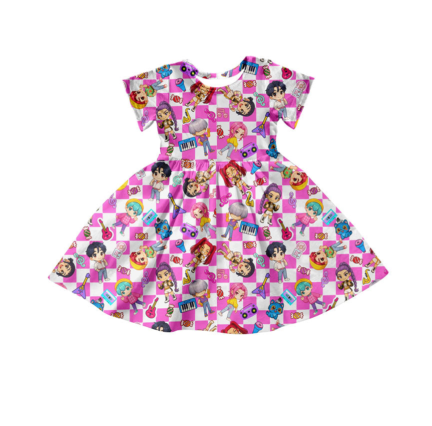 GSD2919 Baby Girls Short Sleeve Pink Checked Cartoon Girls Knee Length Dresses  D 1017