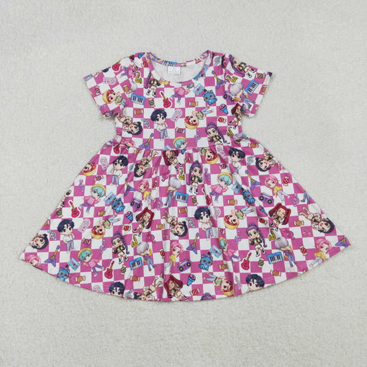 GSD2919 Baby Girls Short Sleeve Pink Checked Cartoon Girls Knee Length Dresses D 1017