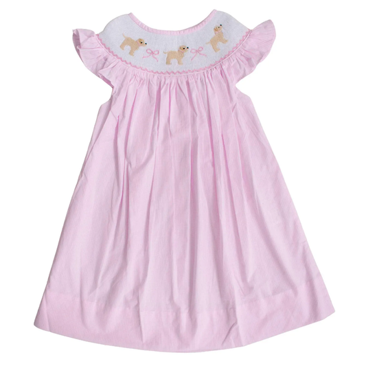 presale GSD2921 Baby Girls Pink Flutter Sleeve Dogs Bows Valentine Knee Length Dresses D 1017