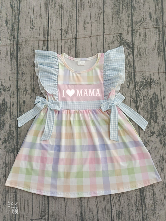 Pre-order Embroidery I Love Mama Baby Girls Colorful Checked Knee Length Dress