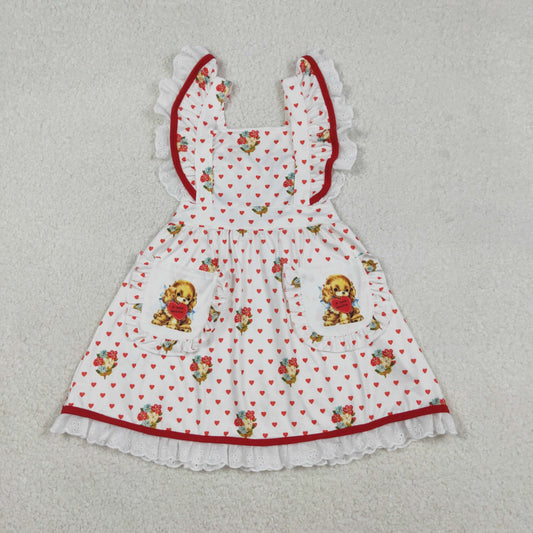 Baby Girls Knee-Length Dress Valentines Pockets Hearts Dogs Flowers Print Cute Toddler Girls Dress for Valentine's Day