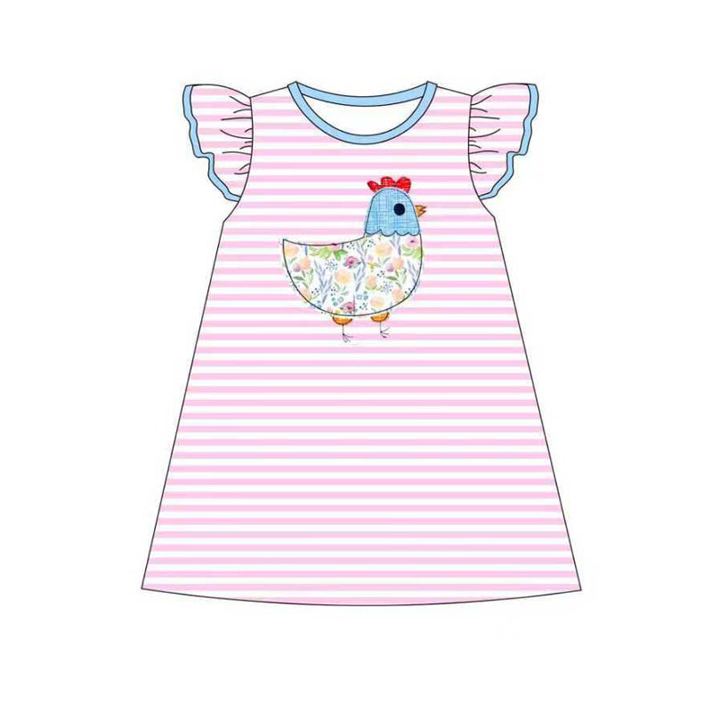 presale GSD2972 Baby Girls Pink Stripe Floral Chick Farm Knee length Dresses  D 1104
