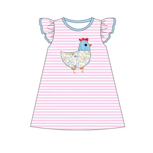 presale GSD2972 Baby Girls Pink Stripe Floral Chick Farm Knee length Dresses D 1104