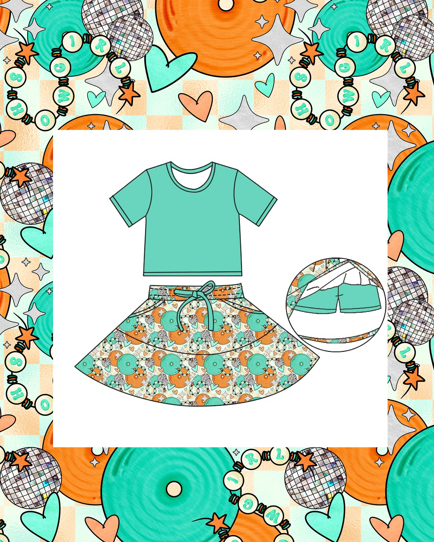 presale GSD2974 Baby Girls Aqua Short Sleeve Top Hearts Pockets Skirt Shorts Clothes Sets D 1104