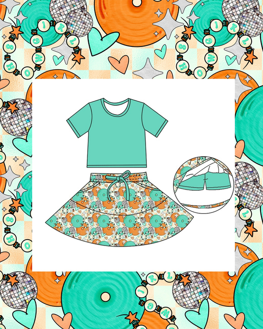 presale GSD2974 Baby Girls Aqua Short Sleeve Top Hearts Pockets Skirt Shorts Clothes Sets D 1104