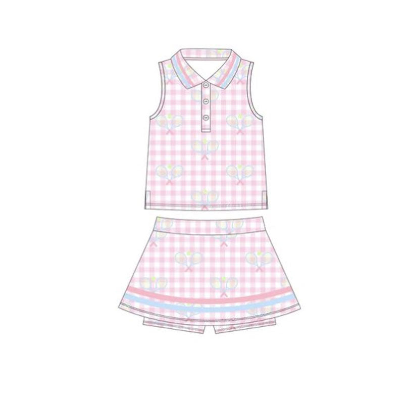 presale GSD2975 Baby Girls Pink Checked Tennis Button Top Skirt Shorts Yoga Clothes Set D 1103