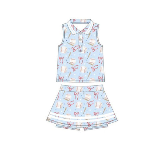 presale GSD2976 Baby Girls Bows Baseballs Plaid Button Top Skirt Shorts Yoga Clothes Set D 1103