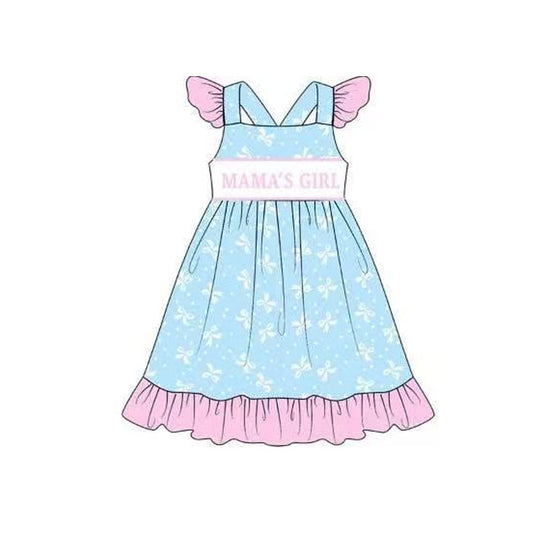 presale GSD2979 Baby Girls Flutter Sleeve Mama's Girl Bows Plaid Ruffle Knee length Dresses D 1107