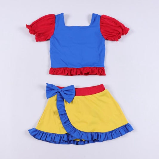 presale GSD2985 Baby Girls Red Blue Ruffle Sleeve Top Yellow Skirt Shorts Yoga Clothes Set  D 1108