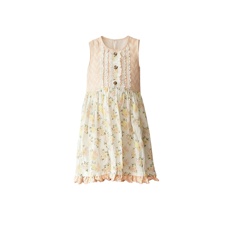 presale GSD3006 Baby Girls Light Pink Floral Button Ruffle Knee Length Dresses  D 1114