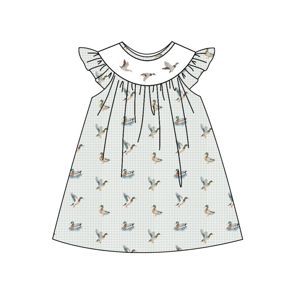 presale GSD3008 Baby Girls Grey Checked Ducks Hunting Knee Length Dresses  D 1114